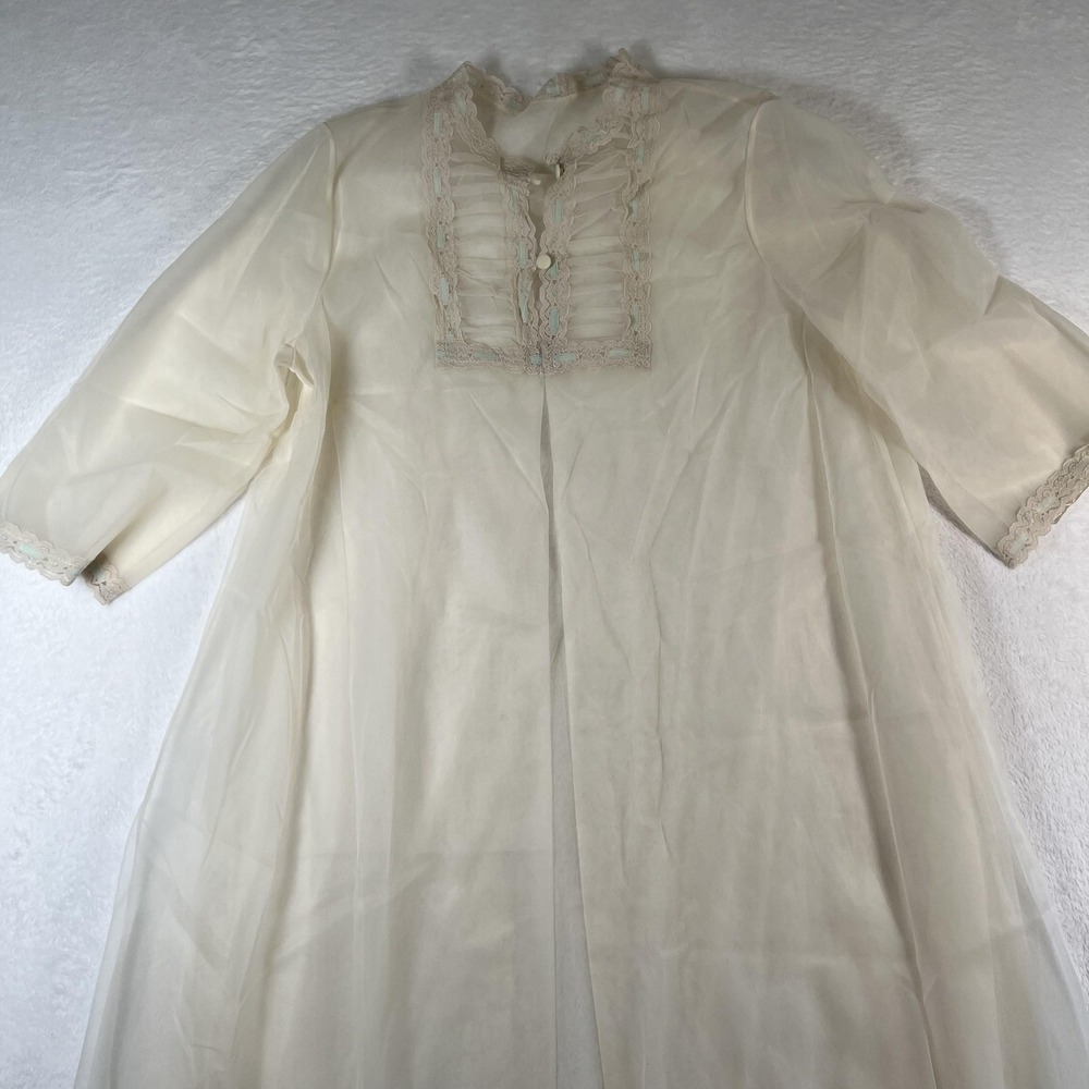 Vintage Sears Gown Womens Small White Nylon Chiffon Lace Nightgown 3/4 Sleeve